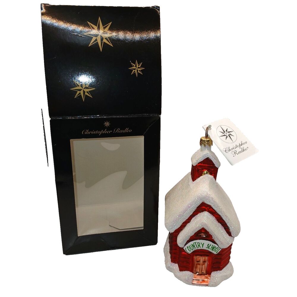 Vtg Christopher Radko Snowy Country School House Christmas Ornament w/ Box 5.5"